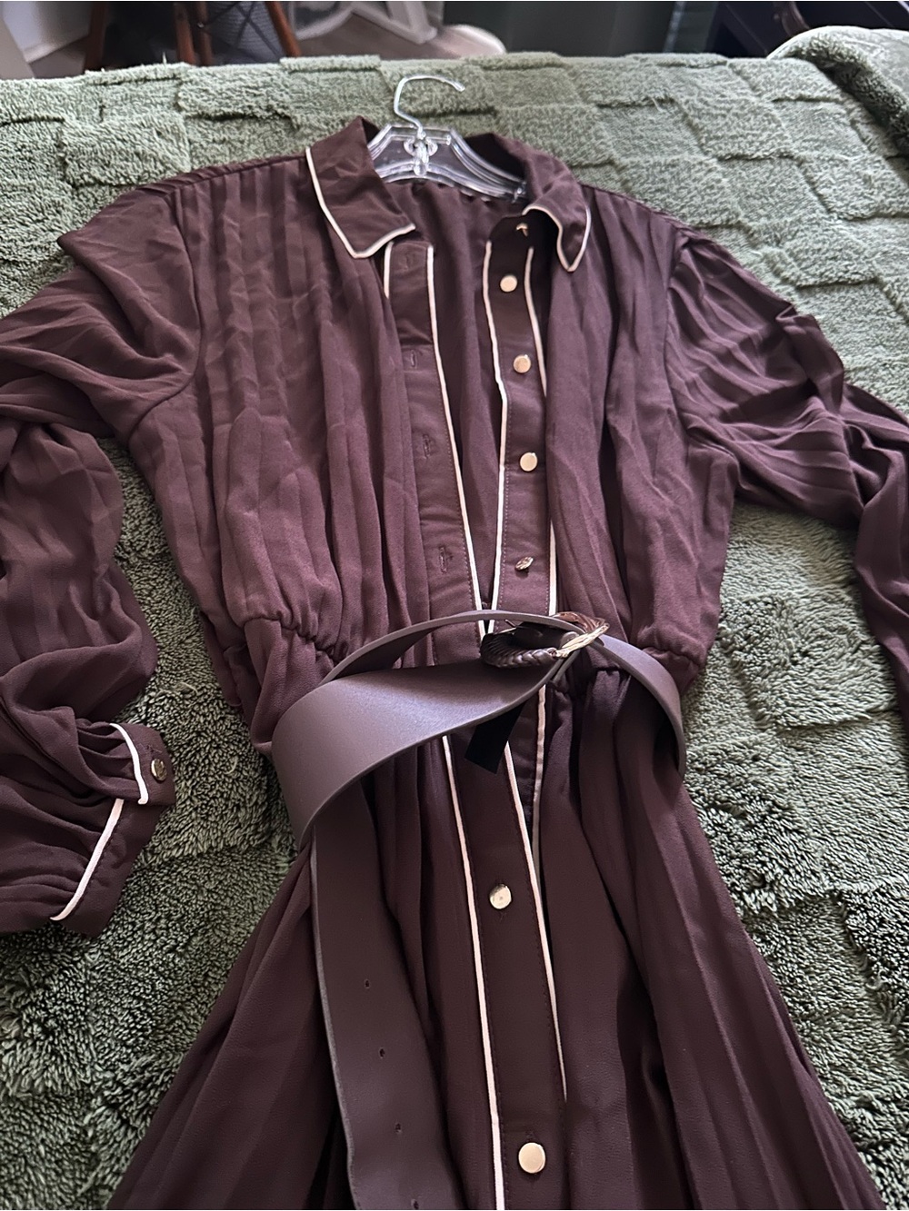 Zara Chocolate Brown Maxi Shirt Dress with White Piping - Picture 2 of 2